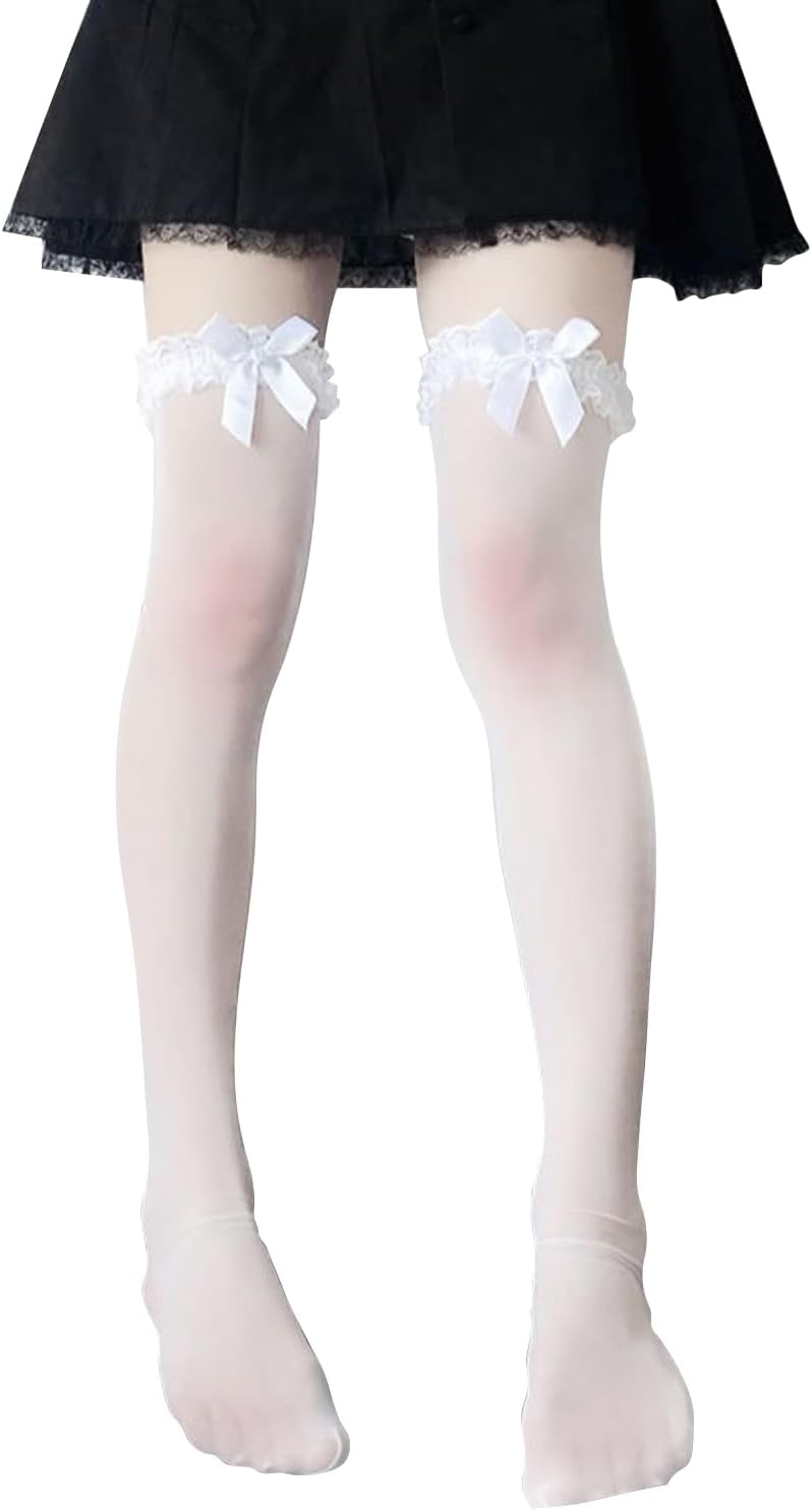 Ninejuize Thigh High Stockings with Bow, Santa Accessory Y2K Fishnet Socks with Lace Brim Lingerie Tights for Women - Image 1
